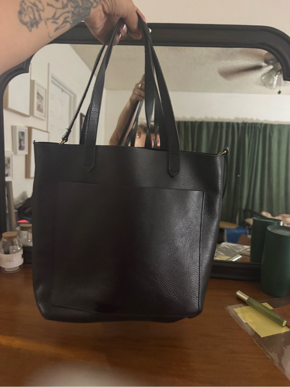Madewell Black Leather Tote with Front Pocket